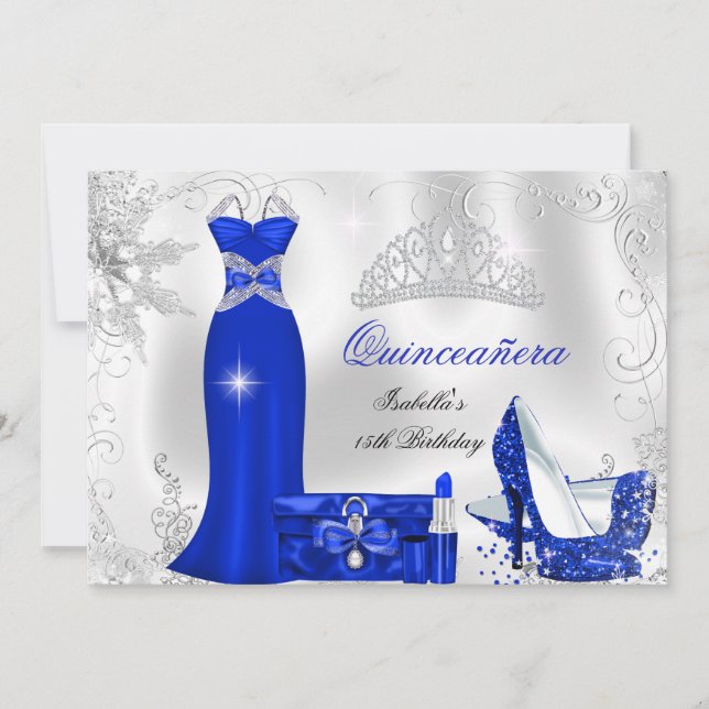 Quinceanera Party Royal Blue Silver Snöflingor Inbjudningar (Framsida)