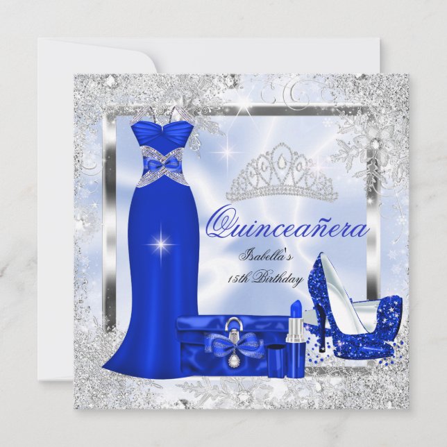 Quinceanera Party Royal Blue Silver Snöflingor S3 Inbjudningar (Framsida)