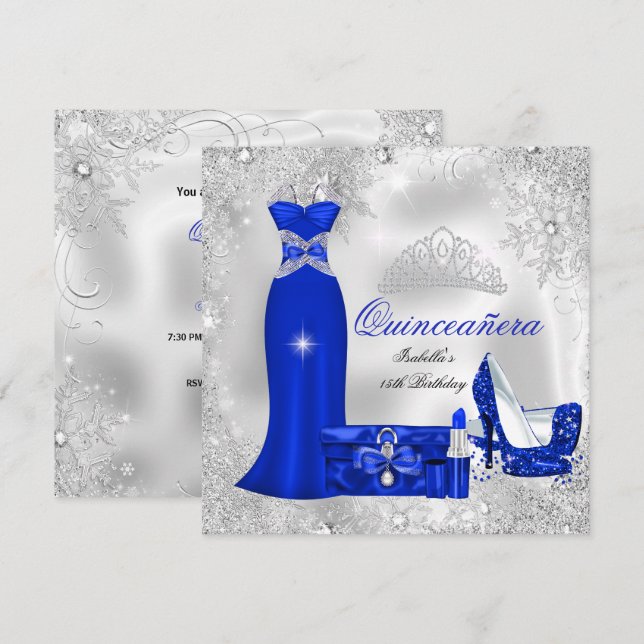 Quinceanera Party Royal Blue Silver Snöflingor S Inbjudningar (Fram/baksida)