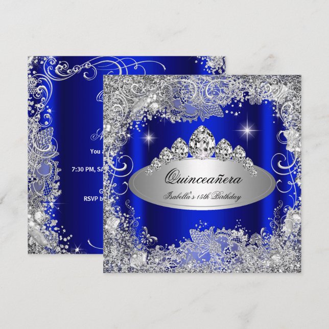 Quinceanera Party Royal Blue Silver Tiara Inbjudningar (Fram/baksida)