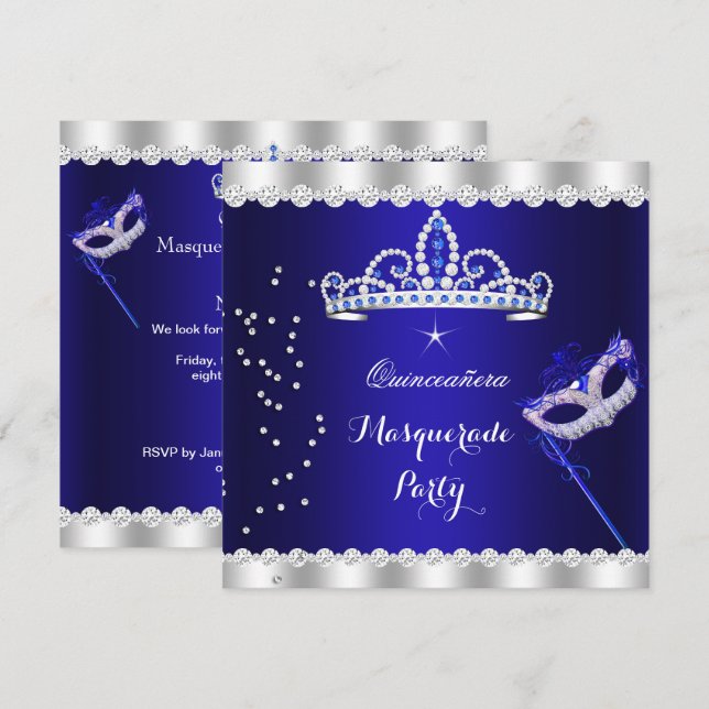 Quinceanera Party Royal Blue Tiara Masquuppad Inbjudningar (Fram/baksida)