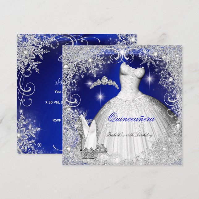 Quinceanera Party Royal Blue Winter Snöflingor Inbjudningar (Fram/baksida)