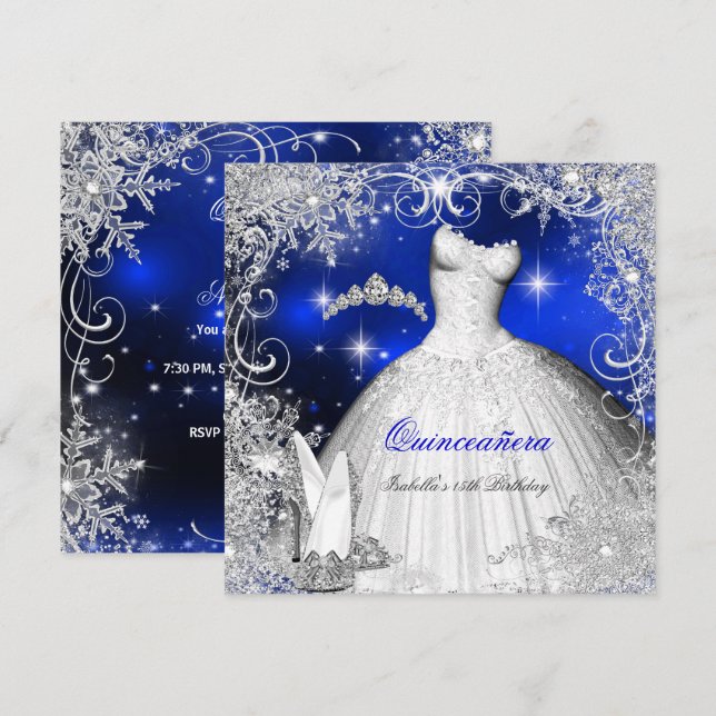 Quinceanera Party Royal Blue Winter Wonderland Inbjudningar (Fram/baksida)