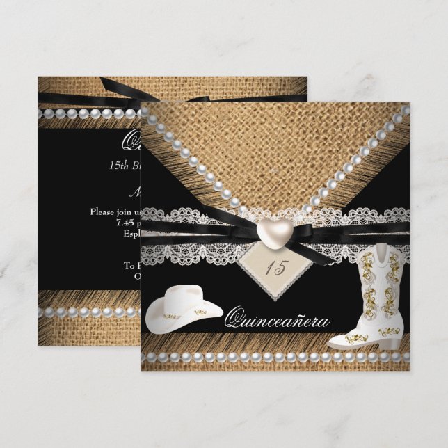 Quinceanera Party Rustic Burlap Cowgirl Hat Boots Inbjudningar (Fram/baksida)