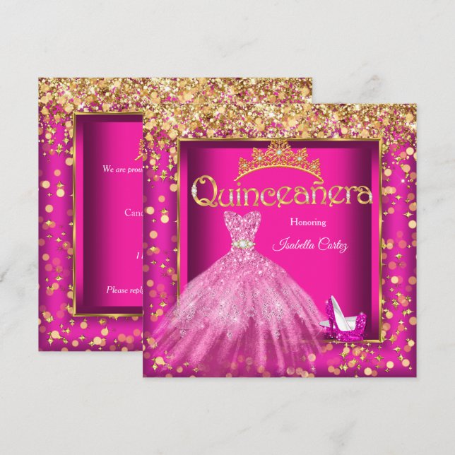 Quinceañera Party Shock rosa Dress Högklackar Guld Inbjudningar (Fram/baksida)