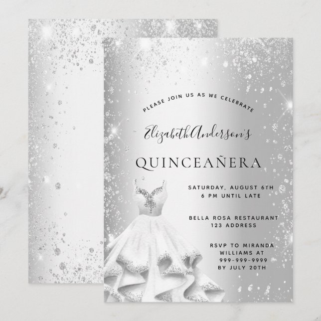 Quinceanera party silver klänning glitter inbjudningar (Fram/baksida)