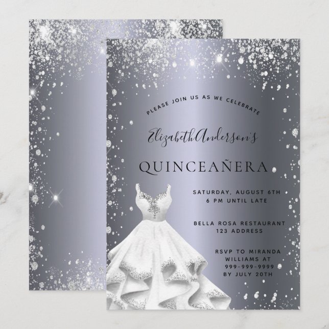 Quinceanera party silver ska klä glitter stoft inbjudningar (Fram/baksida)