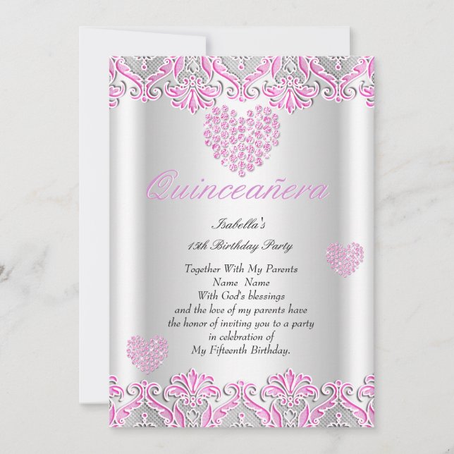 Quinceanera Party Söt Rosa Hearts Snöre 4 Inbjudningar (Framsida)