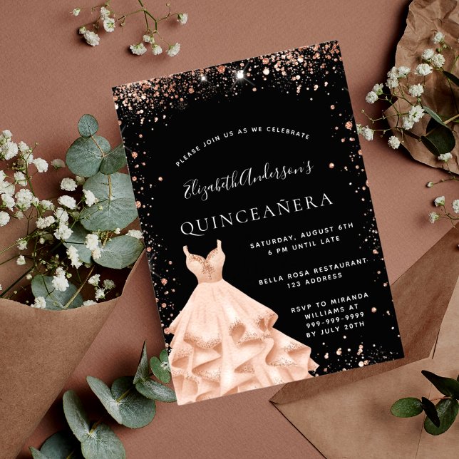 Quinceanera party svart ro guld glitter inbjudningar (Skapare uppladdad)