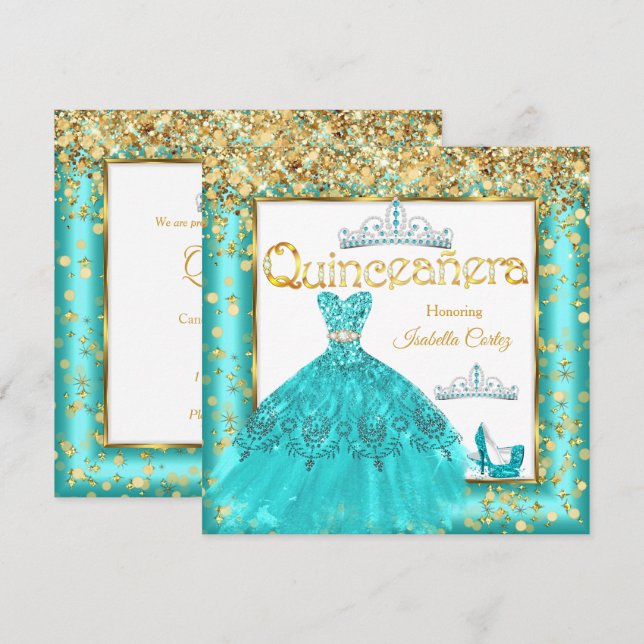 Quinceañera Party Teal Dress Högklackar Guld Inbjudningar (Fram/baksida)