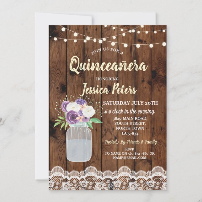 Quinceanera Party Wood Snöre Blommigt Burk Inbjuda Inbjudningar (Framsida)