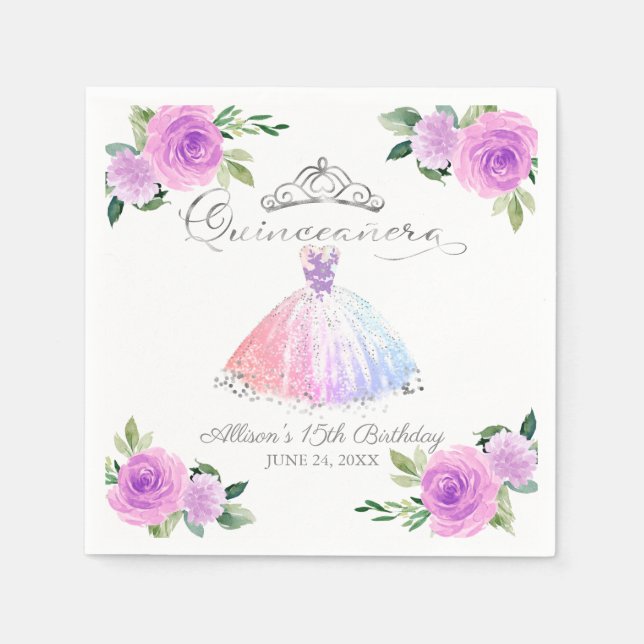 Quinceanera Pastel Färg Gown Blommigt Pappersservett (Framsidan)