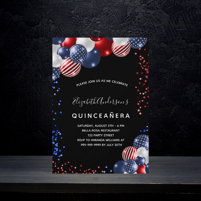 Quinceanera patriotisk, svart, blå ballong inbjudan vykort (Skapare uppladdad)