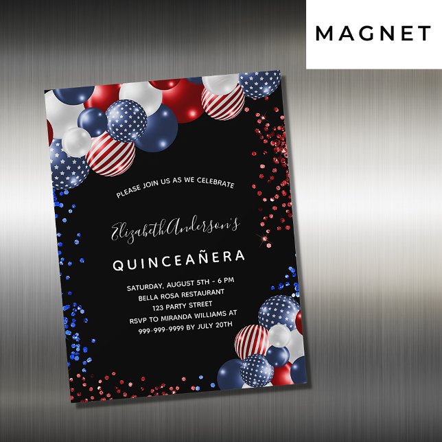 Quinceanera patriotisk, svart, blå ballong magnetisk inbjudningskort (Skapare uppladdad)