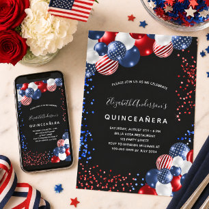 Quinceanera patriotisk svart röd blå vit ballong inbjudningar