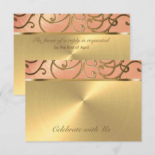 Quinceanera Peach och Guld Filigree Swirls Inbjudningar (Fram/baksida)