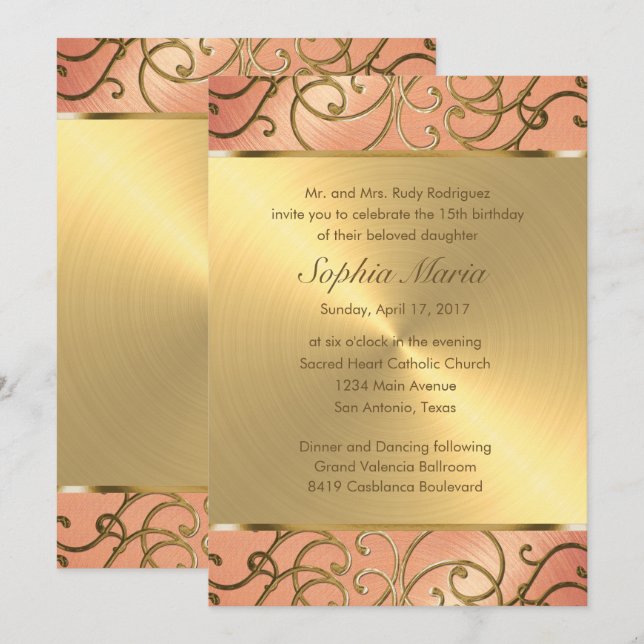Quinceanera Peach och Guld Filigree Swirls Inbjudningar (Fram/baksida)