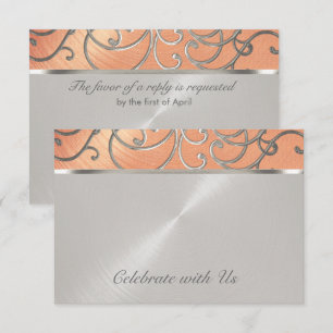 Quinceanera Peach och Silver Filigree Swirls Inbjudningar
