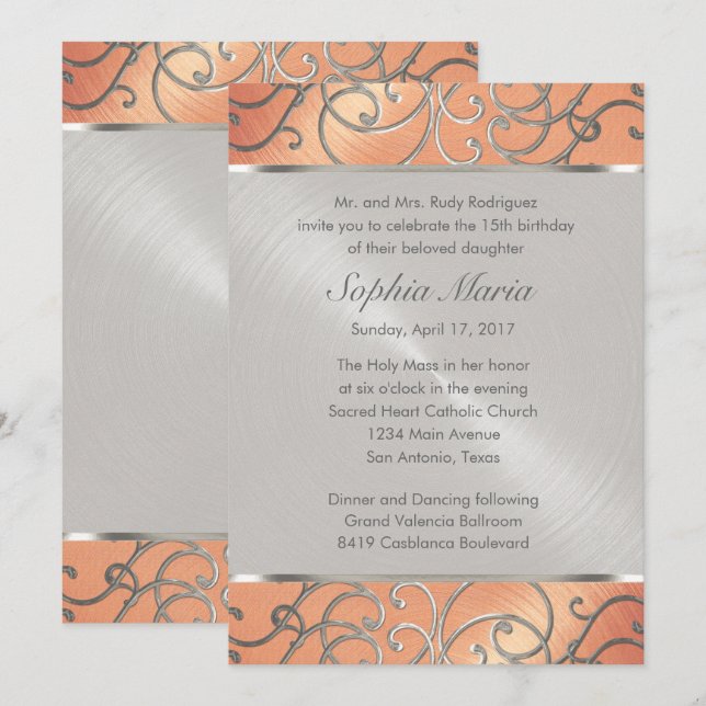 Quinceanera Peach och Silver Filigree Swirls Inbjudningar (Fram/baksida)