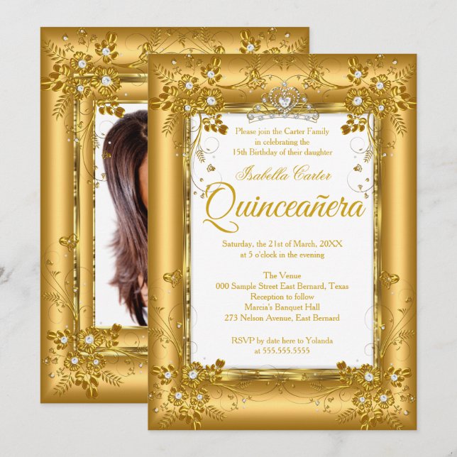 Quinceanera Photo Guld Diamond Tiara Party Inbjudningar (Fram/baksida)