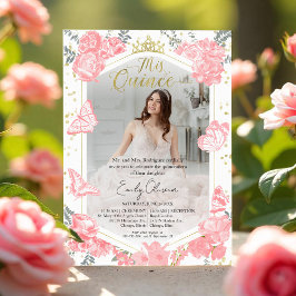 Quinceanera Photo Investigation Rosa Blommigt Gold Inbjudningar