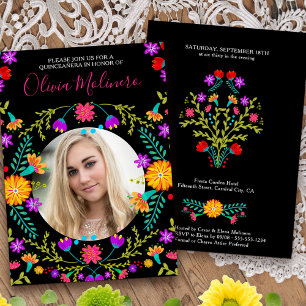 Quinceanera Photo Mexican Fiesta Blommigt Black Inbjudningar