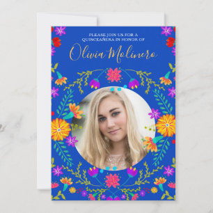 Quinceanera Photo Mexican Fiesta Blommigt Royal Bl Inbjudningar