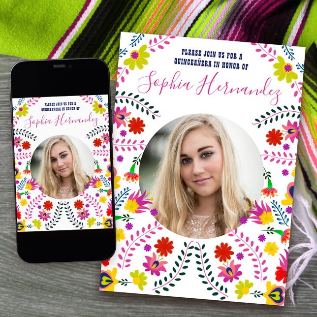 Quinceanera Photo Mexican Fiesta Party White Inbjudningar (Quinceanera Invitation with photo from my Mexican Fiesta Party collection)