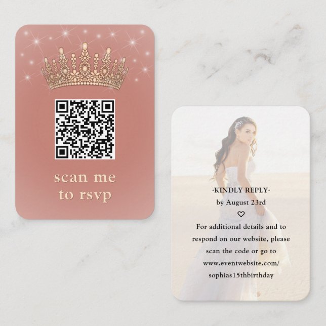 Quinceañera Photo QR RSVP Rose Gold Crown Scan Me Tilläggskort (Fram/baksida)