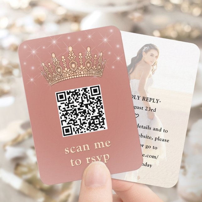 Quinceañera Photo QR RSVP Rose Gold Crown Scan Me Tilläggskort (Skapare uppladdad)
