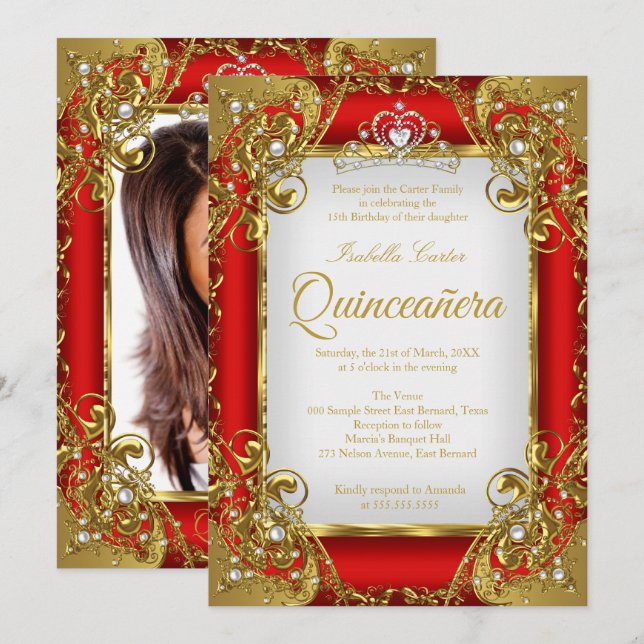 Quinceanera Photo Red Golden Pearl Tiara Party Inbjudningar (Fram/baksida)