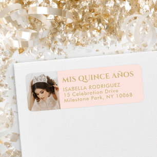 Quinceañera Photo Rosa & Guld Returadress Etikett
