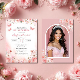 Quinceañera Photo Rosa ros Blommigt Inbjudningar