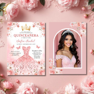 Quinceañera Photo  Rosa ros Blommigt Inbjudningar
