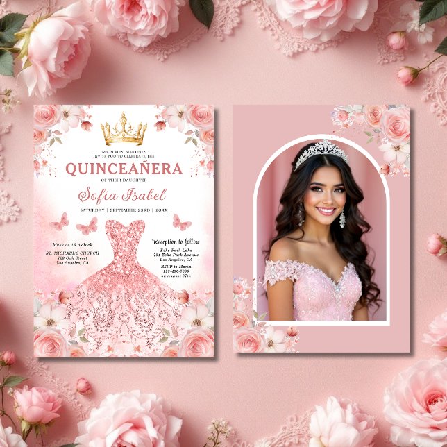 Quinceañera Photo  Rosa ros Blommigt Inbjudningar (Skapare uppladdad)
