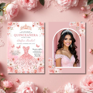 Quinceañera Photo  Rosa ros Blommigt Inbjudningar