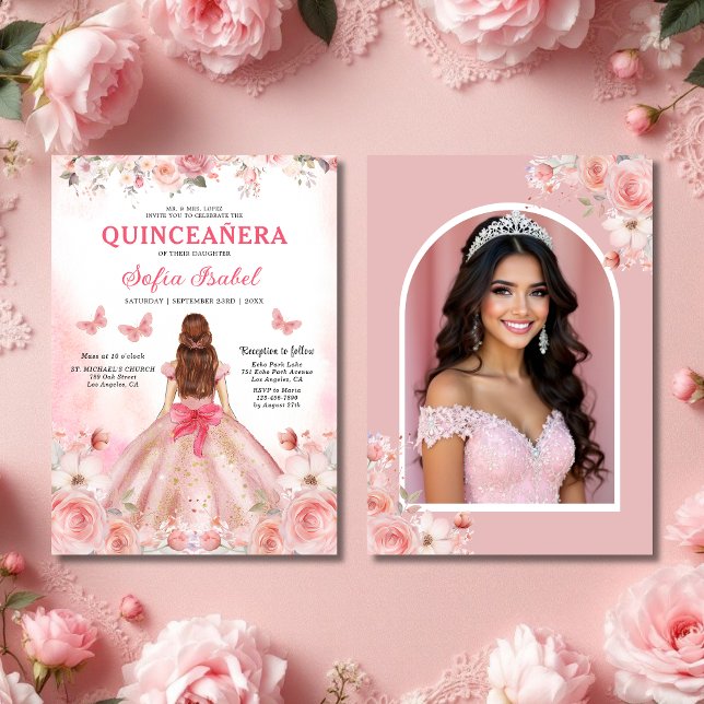 Quinceañera Photo  Rosa ros Blommigt Inbjudningar (Skapare uppladdad)