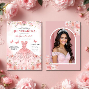 Quinceañera Photo  Rosa ros Blommigt Inbjudningar