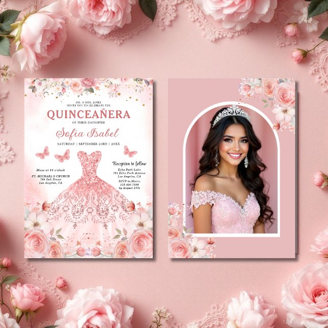 Quinceañera Photo  Rosa ros Blommigt Inbjudningar (Skapare uppladdad)