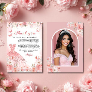 Quinceañera Photo Rosa ros Blommigt Tack Kort