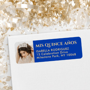 Quinceañera Photo Royal Blue & Guld Returadress Etikett