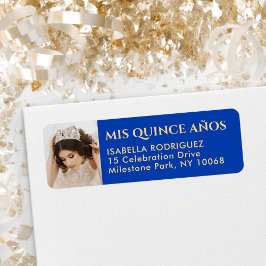 Quinceañera Photo Royal Blue & Guld Returadress Returadress Etikett
