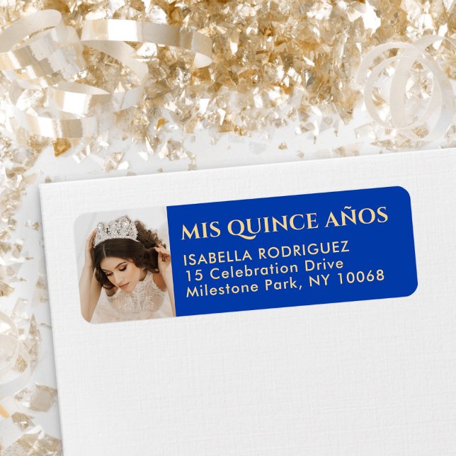 Quinceañera Photo Royal Blue & Guld Returadress Returadress Etikett (Skapare uppladdad)