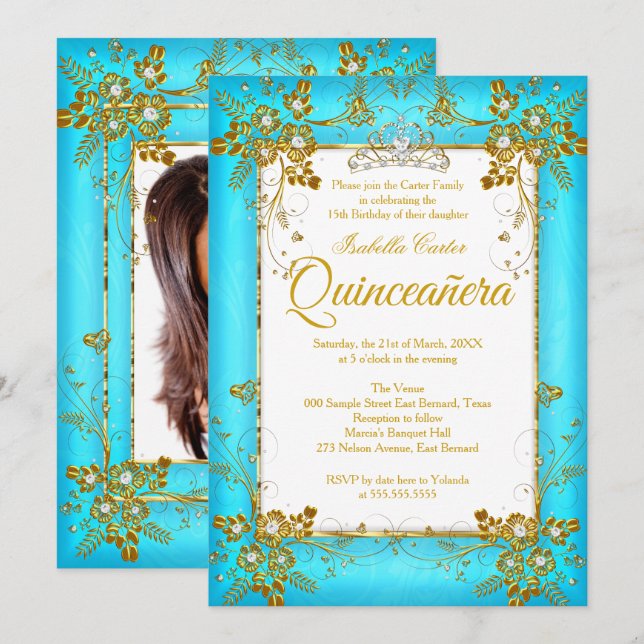 Quinceanera Photo Teal Blue Guld Diamond Tiara Inbjudningar (Fram/baksida)