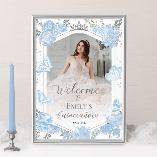 Quinceanera Photo Welcome Sign Dusty Blue-Blommigt Poster (Skapare uppladdad)