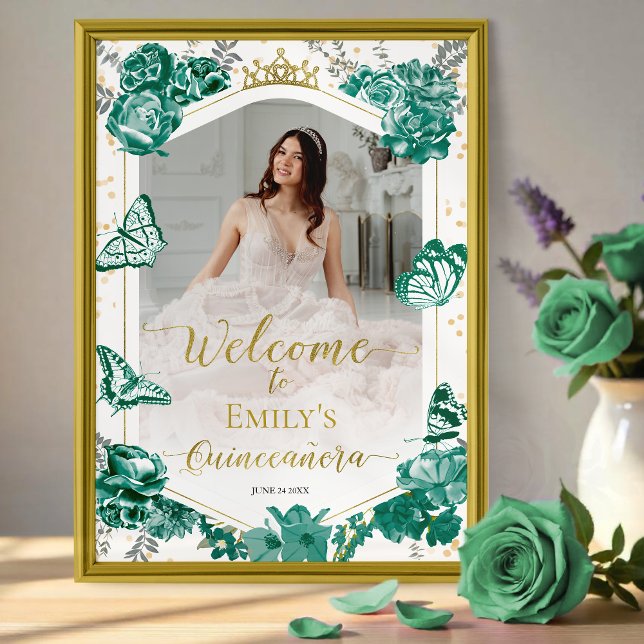 Quinceanera Photo Welcome Sign Emerald Grönt Poster (Skapare uppladdad)