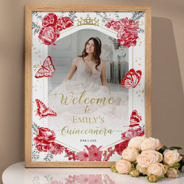 Quinceanera Photo Welcome Sign Red Blommigt Guld Poster