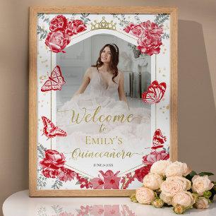 Quinceanera Photo Welcome Sign Red Blommigt Guld Poster