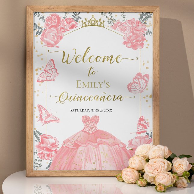 Quinceanera Photo Welcome Sign Rosa Blommigt Guld Poster (Skapare uppladdad)