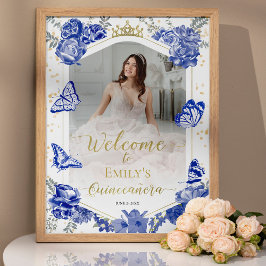 Quinceanera Photo Welcome Sign Royal Blue Blommigt Poster